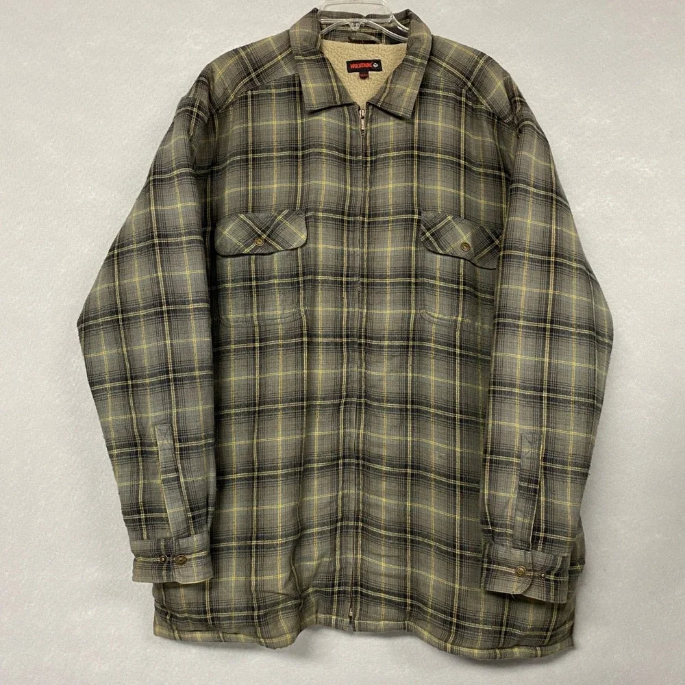 Wolverine Mens XXL Jacket Gray Plaid Fleece Lined Flannel Shacket Zip Up Warm